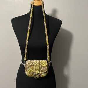 Vera Bradley Mini Crossbody Purse Brown Green/Yellow Blue Bird Adjustable Strap